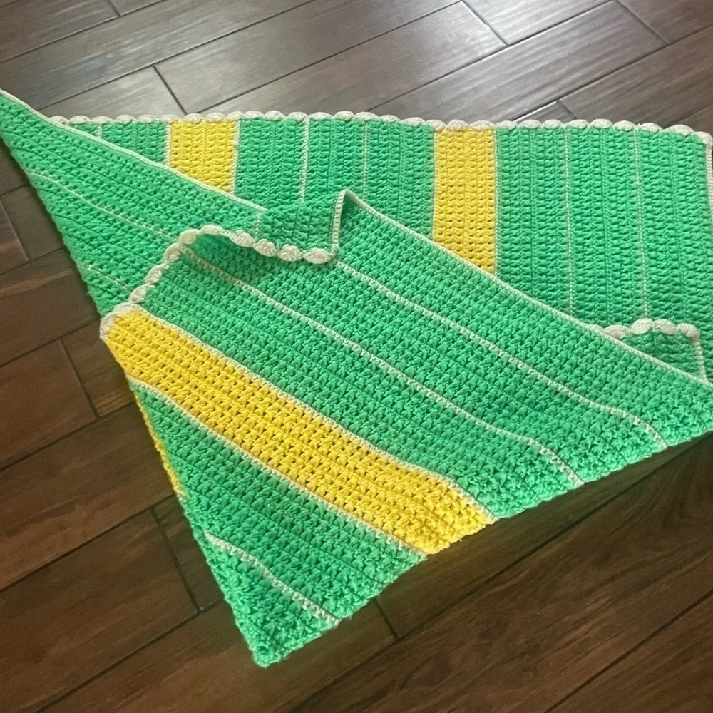 HANDMADE Knitted green and yellow afghan blanket